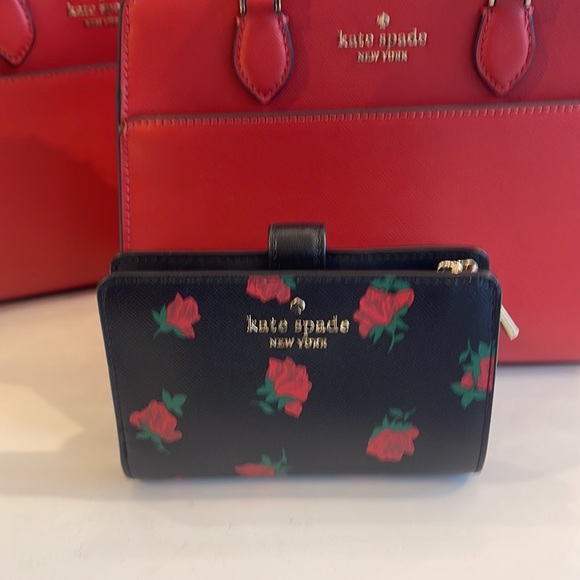 kate spade Handbags - Kate Spade Madison Medium Compact Rose Toss Print Bifold Wallet 
Black Multi
NWT